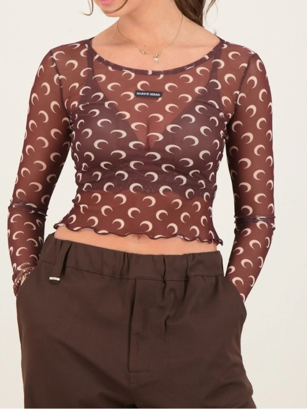 Marine Serre Brown Moon-Print Cropped Long Sleeve Top and matching sheer pants - Picture 2 of 11